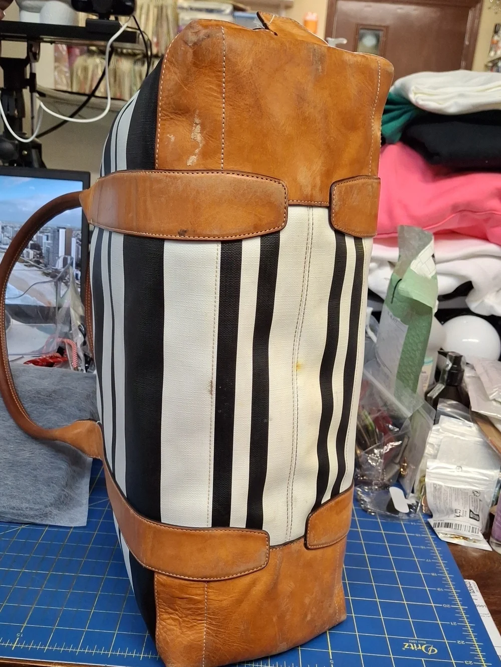 COACH Black & White Striped Tote with Tan Leather Trim Preloved